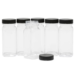 Baire Bottles Clear Plastic Square Bottles - 4 Ounce Containers, 6-Pack - Black Lids - Organize Your Kitchen, Craft Room, Garage or Create Wedding and Party Favors - Including One 2 oz Matching Bottle