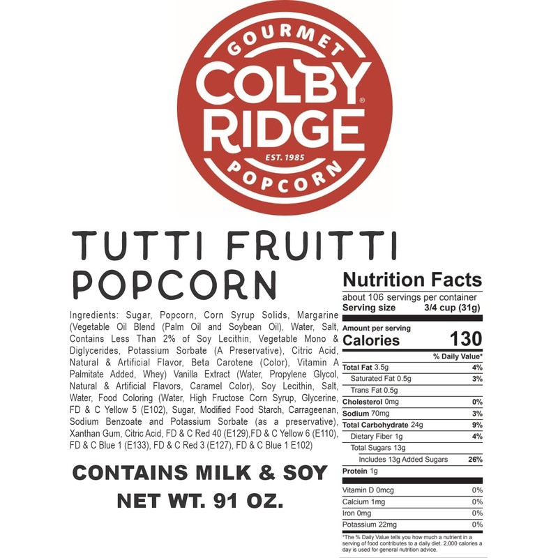 Colby Ridge Tutti Fruiti Gourmet Craft Popped Gluten Free Popcorn