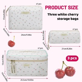 3-Piece Cosmetic Bag Set, Shyllin Beauty Bag, Travel Bag Women with Cherry Pattern, Toiletry Bag Girls, Suitable for Travel, Daily and Stationery Storage, Toiletry Bag Women Large, White Blue, Cherry