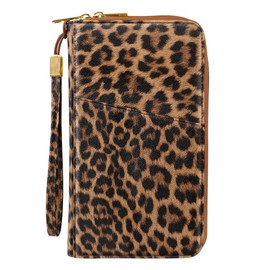 Simikol Family Passport Holder Wallet RFID Blocking Document Organizer PU Leather Mulit-purpose Travel Wallet Credit Cards Case for Women Men, Leopard