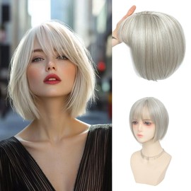 Civrie Short Bob Hair Topper for Women with Bangs Side Part 10 inch Synthetic Hair Toppers for Women Thinning Hair Wig Toppers (Lvory Blonde)