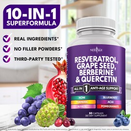 NEW AGE Resveratrol, Berberine, Grape Seed Extract, Quercetin, Supplement for Women and Men with Noni, N-Acetyl Cysteine, Acai - 120 Capsules