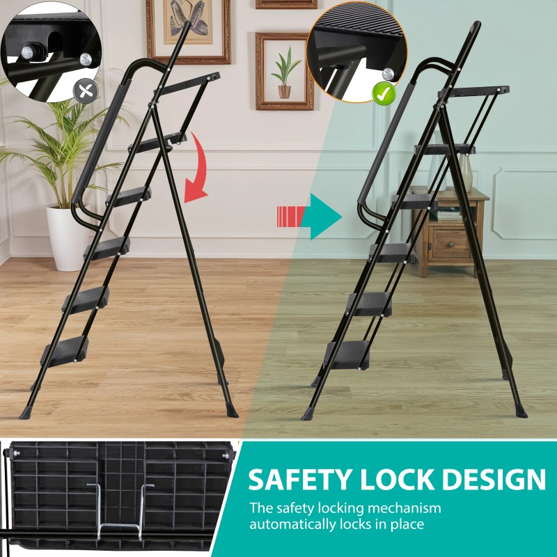SEGAWE 5 Step Ladder Folding Step Stool w Wide Anti-Slip