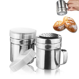 Xiuouix 2 Pcs Powdered Sugar Shaker Duster - With Handle - Seasonings Spice Shakers With Holes and Lids - for Salt,Sugar,Spice,Coffee Flour Ect,6 Ounce Stainless Steel Baking Soda Shaker (small)