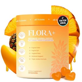Flora+ Women’s Vaginal Probiotic Gummies for pH Balance, Odor and Freshness Support with Prebiotics & Hyaluronic Acid, Sugar Free Pineapple, Vegan Non