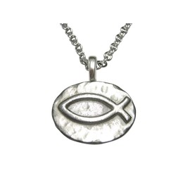 Kiola Designs Silver Toned Pewter Oval Religious Ichthys Fish Pendant Stainless Steel Chain Necklace