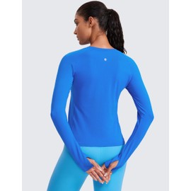 CRZ YOGA Womens Seamless Workout Long Sleeve Shirts Quick Dry Gym Athletic Tops Breathable Running Yoga T-Shirts Sparkle Blue Medium