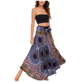 Women's Bohemian Maxi Skirt Asymmetries Beach Skirt Ethnic Style Floral Pattern Long Skirt A-line Midi Dress Two Way to Wear Soft Thin Cool Breathable Summer Skirt, F Paisley Pattern - Brown & Blue