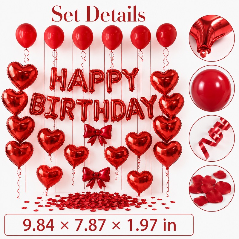 Red Birthday Balloon Set with Heart Foil Balloon - Romantic