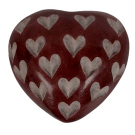 DARK RED LOVE HEART Shaped Stone Sentiment Pebble/Worry Stone - hand-carved with White Love Hearts - 5cm