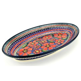 Large Oval Serving Dish, Polish Pottery in Poppies Pattern painted by Maria Binczycka from Zaklady Ceramiczne Boleslaiwec, Dimensions: 14" x 8"