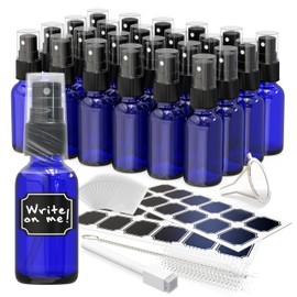 Nevlers 1 Oz Cobalt Blue Glass Spray Bottles Mist Sprayer 24 Pack | Small Spray Bottle Set w/ Shrink Wrap, Funnel, Brush, Marker, & Labels | Misting Bottle Sprayer for Home | Travel Spritzer Bottles