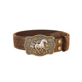 BEAUDRM Women's Retro Vintage Horse Metal Buckle Belt Faux Leather Floral Western Waist Belts Light Brown Suit Waist Size:33.5-37.4