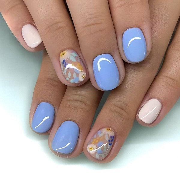 Flower Press on Nails Short Square Fake Nails Glossy with