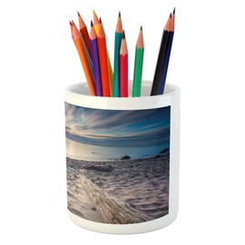 Ambesonne Driftwood Pencil Pen Holder, Seascape Theme Rocky Sea Shore with Driftwood Trees Trunks Cloudy Sky Image, Printed Ceramic Pencil Pen Holder for Desk Office Accessory, Blue and Beige