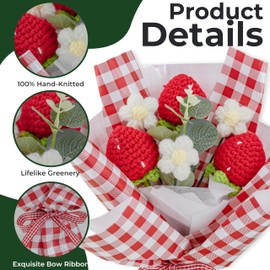 Crochet Flowers Bouquet with Cute Crochet Strawberry for Valentine Decorations, Anniversary Gift, New Year Gift, Gift for Women (Strawberry)