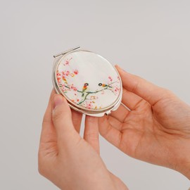 February Mountain Mother of Pearl Compact Mirror – Dual Magnification Gift for Women, Mom, Sister – Birthday or Christmas Idea (1, Spring Whispers)