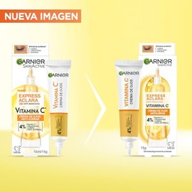 Garnier Express Aclara Crema de Ojos, Reduce Ojeras y Líneas Finas, Mejora la Tez, Ilumina la Piel y Minimiza Manchas, Fórmula con Vitamina C + Niacinamida + Cafeína, 15 ml