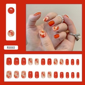 Red Press on Nails Short Square - WLGDLH Fake Nails Acrylic Nails Press ons Fall Coffin Nail Art Tips With Gold Glitter Koi Design Full Cover Glossy False Nails Stick on Nails for Women 24Pcs