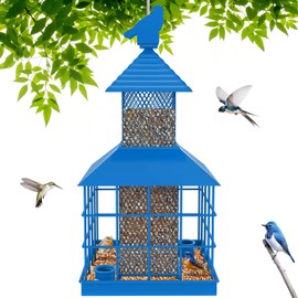 Caged Bird Feeders Squirrel-Proof, ULENDIS Metal Capacity-Cage Tube Seed Feeders with Tray, Wild Bird Feeders for Outdoors Hanging Attract Birds(Sky Blue)