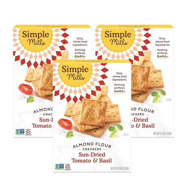 Simple Mills Almond Flour Crackers, Sundried Tomato & Basil, Gluten Free, Flax Seed, Sunflower Seeds, Corn Free, Good for Snacks, Made with whole foods, 3 Count (Packaging May Vary)
