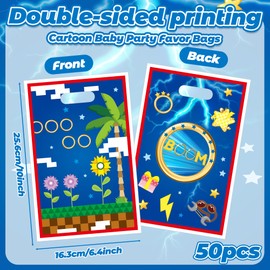GaofanWai 50PCS Video Game Party Favor Bags for Kids, Hedgehog Blue with Gold Ring Print Candy Treat Plastic Bags Bulk with Handles, Video Game Goodies Bags for Birthday Party Favor Snack Supplies