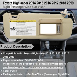 Passenger Right Side Sun Visor Replacement Compatible with Toyota Highlander 2014 2015 2016 2017 2018 2019 Replaces# 74310-0E074-A0 Color Flaxen
