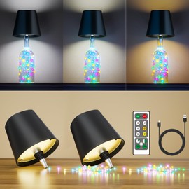 Wireless Bottle Lamp,Wine Bottle Lights with Remote,2000mAh Touch Table Lamp Shades with RGB String Lights and Timer,5-Level Brightness &3 Color Temps Battery Operated Lamp for Living Room,Bar(2 Pack)