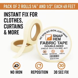 SNAPHEM Fabric Tape No Sew No Iron Double-Sided 2 Rolls 1/4 Inch and 1/2 Inch 49 Feet Each Quick Temporary Fix for Hemming Clothes, Curtains, DIY Crafts