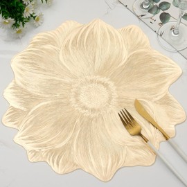Gold Round Placemats for Dining Table Set of 6, Pressed Sunflower Place Mats 15 Inch Vinyl Table Mats for Chrismas Holiday Party Decoration