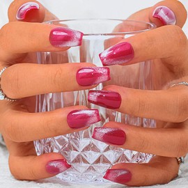 Sethexy French Cat Eye Handmade Fake Nails Medium Coffin Rose Red False Nails Acrylic Natural Glossy Press on Nails Salon Nails for Women and Girls 10PCS (B)