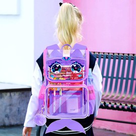 KLFVB 3PCS Girls Clear Bookbag, 15" Mermaid Transparent Backpack for Elementary School, See Through School Bag with Lunch Box - Enchanting Purple Mermaid