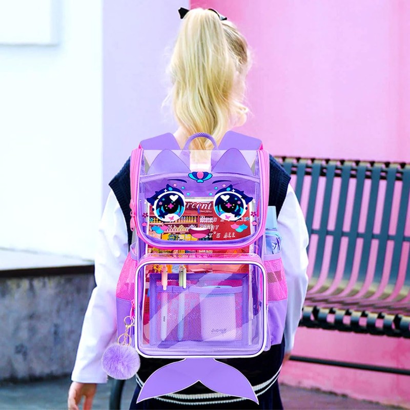 KLFVB 3PCS Girls Clear Bookbag, 15" Mermaid Transparent Backpack for