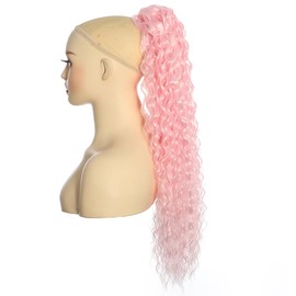 BALINGHAIR Deep Wave Ponytail Extension for Women 24 Inch Light Pink Curly Wavy Ponytail Hair Extensions Drawstring with Clips Short Synthetic Hairpiece for Daily and Party