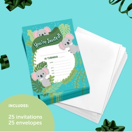 Koala Design 2 Happy Birthday Invitations Invite Cards (25 Count) With Envelopes Boys Girls Kids Party (25ct)