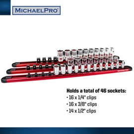 MichaelPro 3-Piece Aluminum Socket Organizer Rail Set- 1/4-inch, 3/8-Inch, and 1/2-Inch Drive Tool Socket Organizers Hold 46 Sockets, Heavy Duty Socket Storage | MP014001