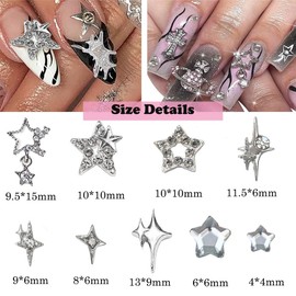 KACHIMOO 55pcs Nail Charms y2k Star Nail Charms 3D Nail Art Charms Silver Star Charms Nail Rhinestones Nail Supplies for Women and Girls Nail Design(9 Styles)