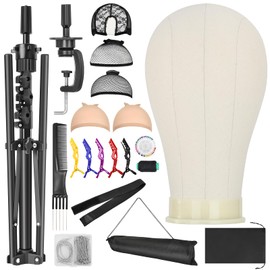 Yekavo Wig Stand with Head, Height Adjustable Tripod Stand 62", Wig Head Stand with Canvas Block Mannequin Head, Include Table Clamp Stand, Wig Caps, T Pins for Wigs Styling, Making & Display