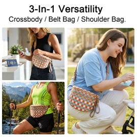 Crossbody Bags for Women, Spacious Nylon Belt Purse Fanny Packs, Crescent Oversized Checkered Bum Bag (Checkered - Brown Blue)