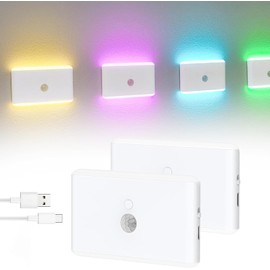 Yujncosm 2 Pack Motion Sensor Night Light, Rechargeable Stair Lights Indoor RGB Motion Sensor Light for Hallway, Stairway, Bathroom, Bedroom, Kitchen, Wireless Magnetic Attachment