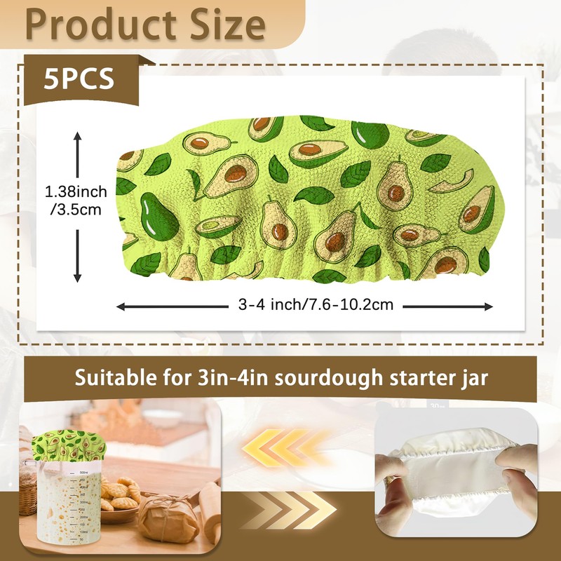 5-Pack Cloth Covers for Sourdough Starter Jars, Green Avocado Reusable