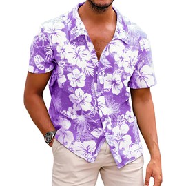 Men's Novelty Hawaiian Floral Shirt Summer Casual Button Down Tropical Holiday Beach Shirts Light Purple