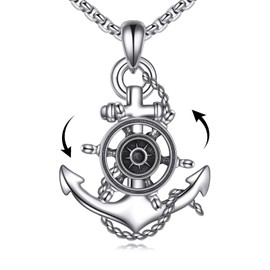 HUKKUN Anchor Compass Spinning Pendant Necklace for Men 925 Sterling Silver Nautical Navy Necklaces Inspirational Anchor Fidget Jewelry Gifts for Travelers Graduates Sailors, Sterling Silver, No