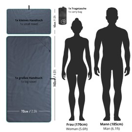 Microfibre Towel Set of 2 + Bag | Antibacterial Quick Dry, Lightweight + Phone Zip Pocket | Large & Small Soft Micro Fibre Towels for Sports Camping Beach Swimming Gym Fitness Travel Outdoor Bath Hair