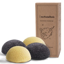 myHomeBody Natural Konjac Facial Sponges - for Gentle Face Cleansing and Exfoliation - with Turmeric Yellow and Activated Charcoal, Set of 4