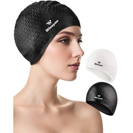 2 Pack Unisex Silicone Swim Cap for Women Men, Large Size Swimming Caps for Long Hair/Braids to Keep Hair Dry, Waterproof Bathing Caps for Swimming with Ear Plugs & Nose Clip Set(Black&White)