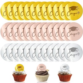 36 piezas de decoración para cupcakes de graduación de acrílico para tartas, redondos, grabados, espejos, acrílicos, decoración para cupcakes 2022, suministros para fiestas de graduación (dorado/oro rosa/plateado), 36)
