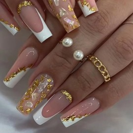 Medium Square Press On Gold Foil False Nails - French Tip, White Tip, Glitter Acrylic - 24 Pcs