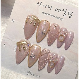 [In-store special discount] Light pink gold point quilting handmade nail tip - short nose pin / [입점초특가할인]연핑크 골드포인트 퀄팅 수제네일팁 - 숏코핀