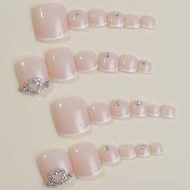 24Pcs White French Press on Toenails Short Square Fake Toe Nails Pink Toe Nail Press Ons with Heart Rhinestone Design Acrylic Full Cover Toe Nail Tips Press on Toenails for Women